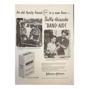 1943 advert for BAND-AID® Brand adhesive bandages' support for WWII war effort