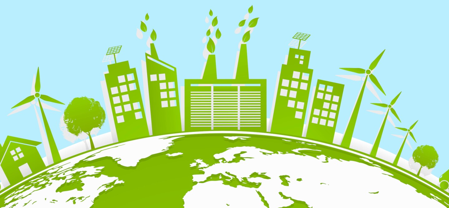 A graphic of green buildings on top of the globe design to illustrate sustainable sites around the world  